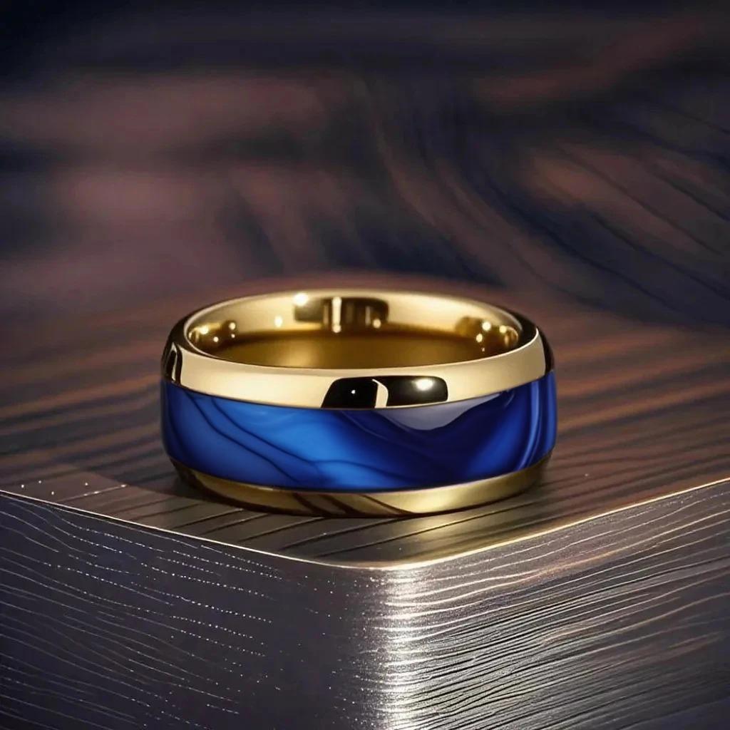 S kroužky s výplní z mušle abalone v modré barvě Módní 8mm Zlatá barva Pánský prsten z nerezové oceli pro muže Ženy Svatba Šperky Velkoobchodní prodej