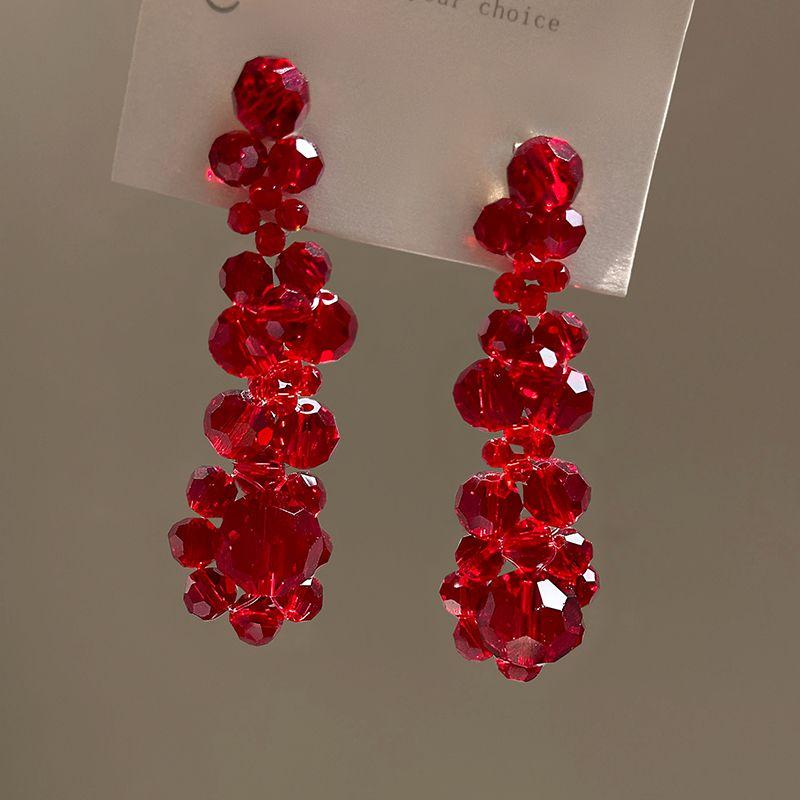 

Retro New Year Red Crystal String Beads Earrings Female Exaggerated Tassel Earrings Accessible Luxury Fancy Elegant New Year Earrings Red beaded tassel earrings