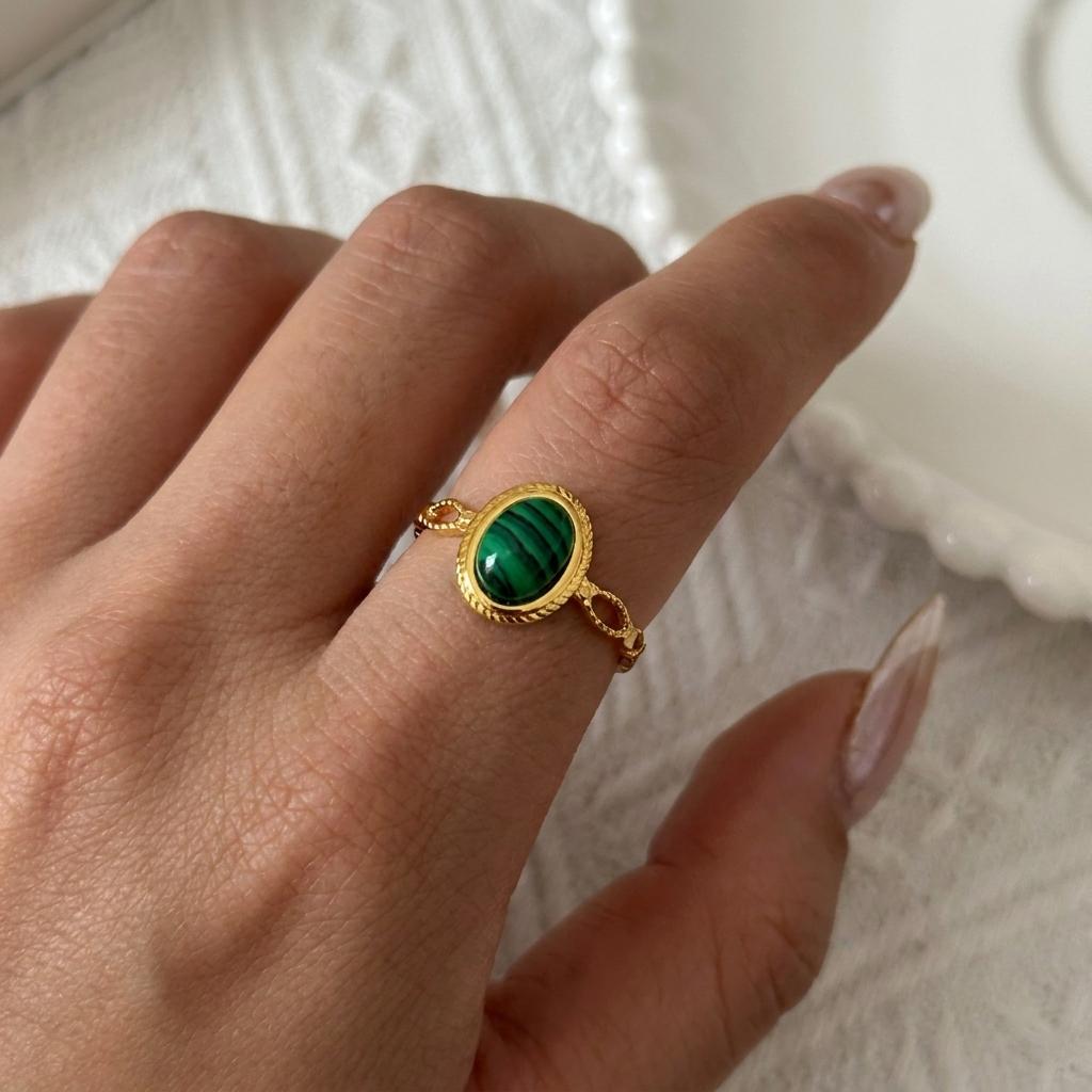 Dainty Thin Band Green Stone Statement Open Ring for Women Gold Plated Stainless Steel Adjustable Ring Party Jewelry Gift