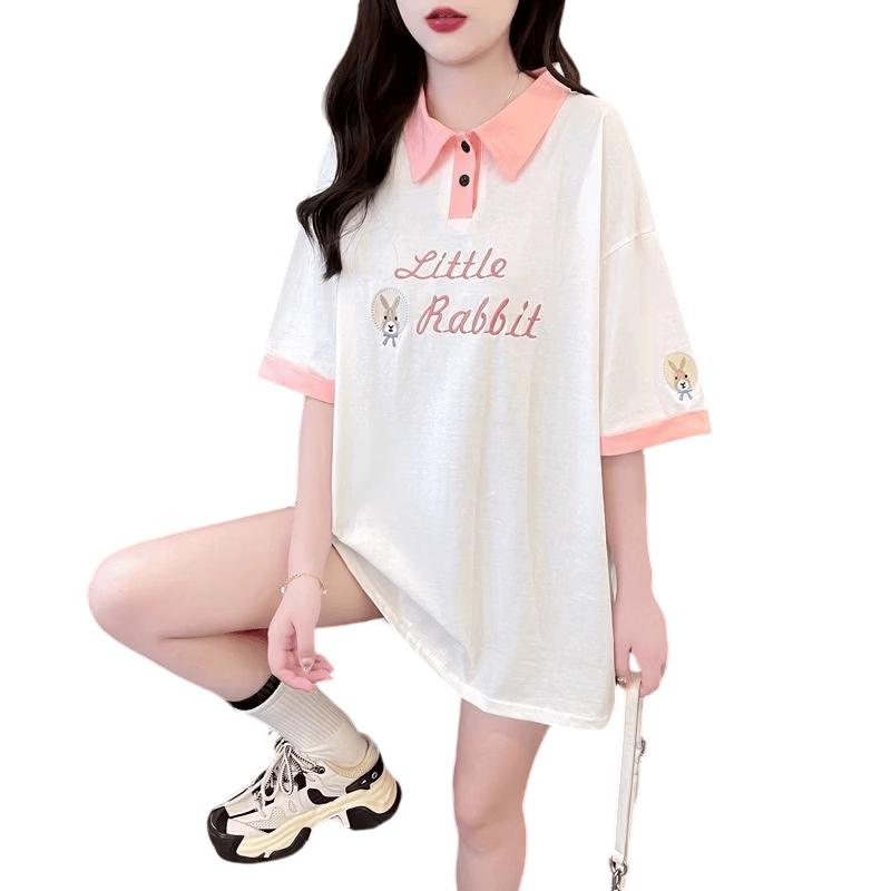 La Chapelle Women s Polo Neck Letter Embroidery Loose Short Sleeve T-shirt L