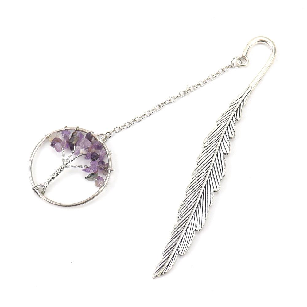 Vintage Tree of Life Bookmark - Handmade with Natural Crystal Chips & Antique Metal Feather