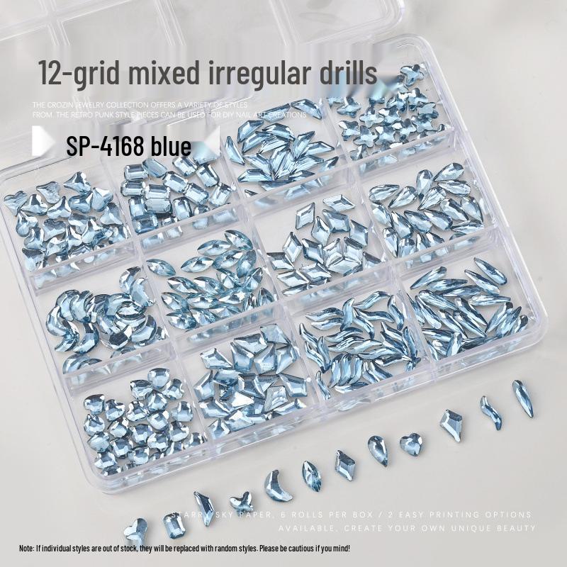 Nail Art Irregular Rhinestones: 12-Grids Mixed Color Flat Back Resin Gems