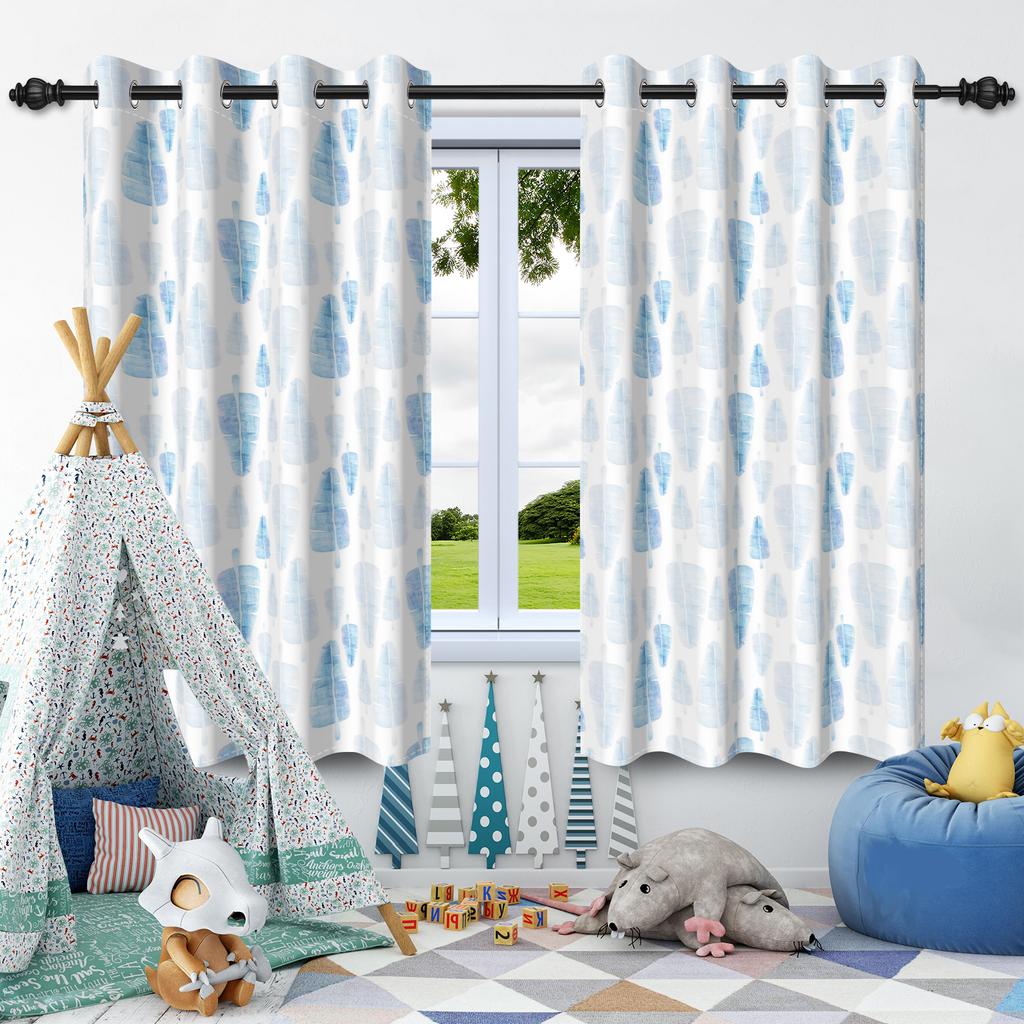 Kids Blue Theme Bedroom Curtains With Star Tree Prints Living Room Bedroom Kitchen Hotel 100% Blackout Windproof Window Curtains
