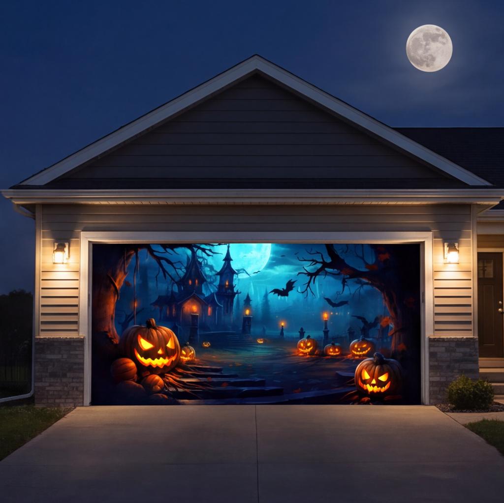 Halloween Garage Door Cover 7x16 Ft Large Hanging Backdrop With Spooky Design for Outdoor Home Yard Decor Halloween Parties Garage Wall Decoration