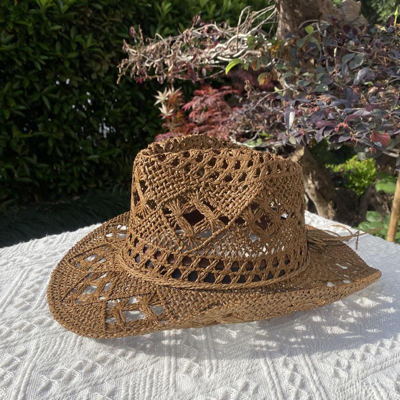Handmade Straw Hat Women Men Summer Classic Vintage Hollow Out Western Curled Wide Brim fashion Sun Hat Cowboy Hats Climbing Cap