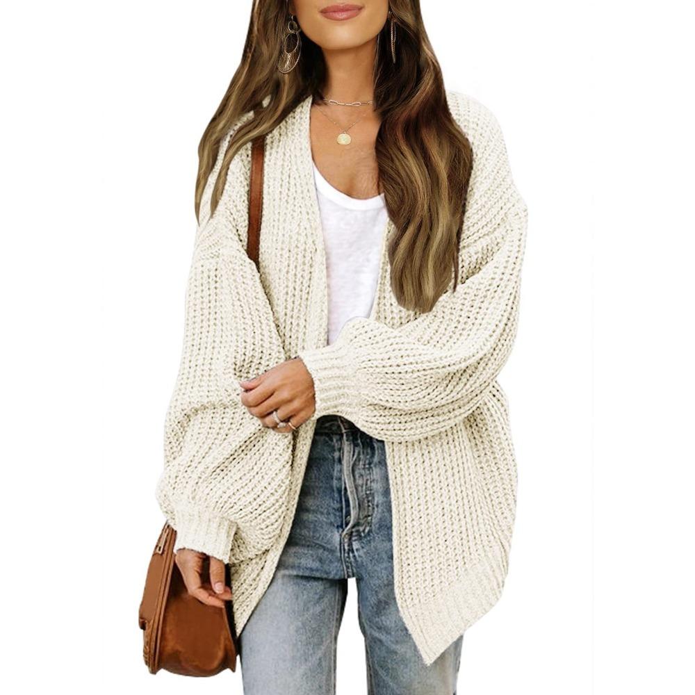 

Women s Chunky Knit Cardigan with Lantern Sleeves - Cozy Autumn & Winter Boutique Style S