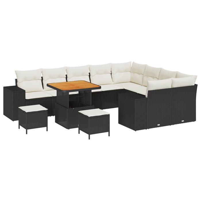Ensemble de Canapé de Jardin de 12 Pièces avec Coussins Noir Rotin Poly Acacia, Ensemble de Salle à Manger de Jardin 3 3363990
