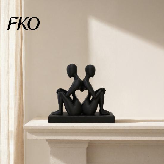 Minimalist Desk Accessory 3D Printed Abstract Back-to-Back Couple Sculpture, Matte Black Desktop Ornaments with Nordic Style Decoration