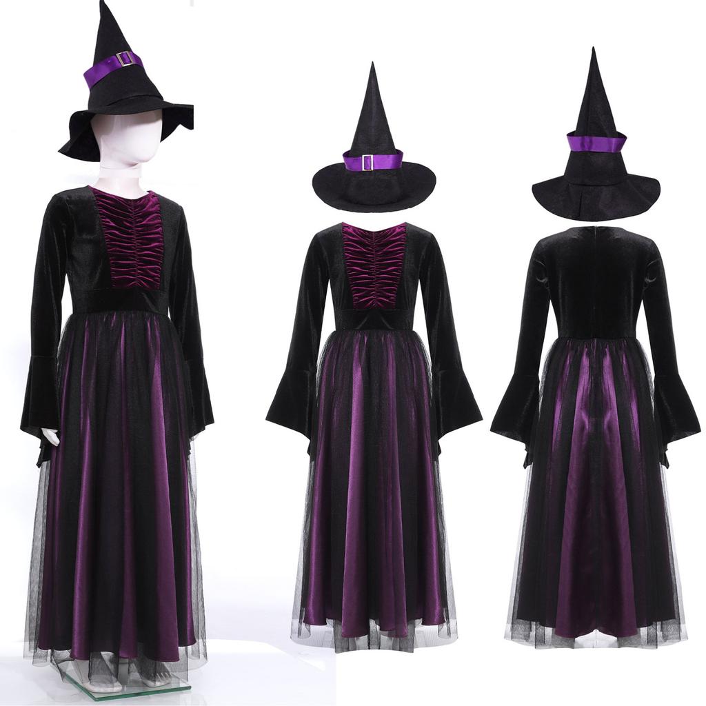 Costume da strega per bambini con pipistrelli e cappello (S) - Costume per ragazze