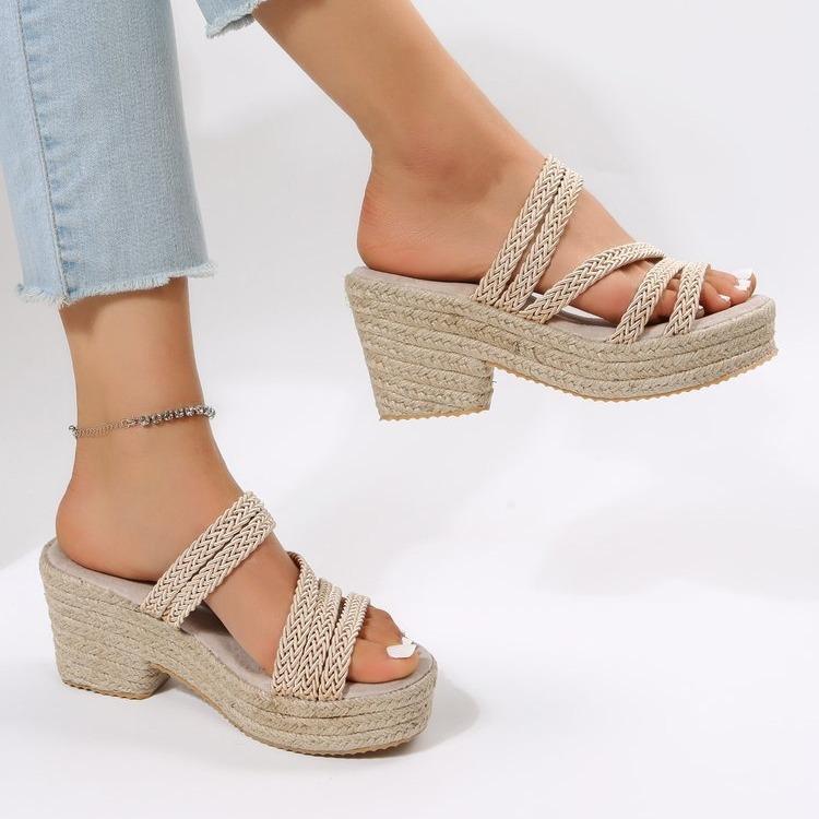 Summer New Woven Hemp Rope Women's Shoes Shoes Wedge Heel Platform Slippers