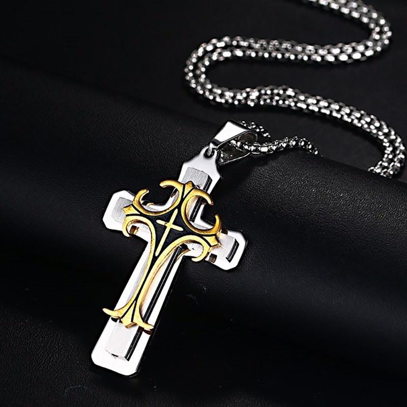 Stylish Men's Cross Necklaces, Waterproof Stainless Steel Catholicism Cross Pendant Collar, Prayer Religious Faith Jewelry
