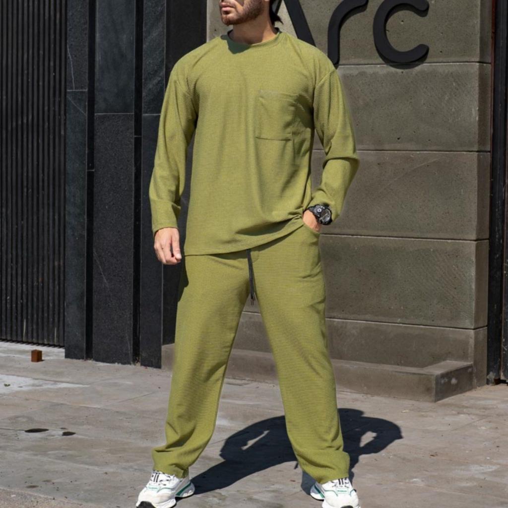 Herrkläder Enfärgad Lös Rundhalsad Patch-väska Andningsbar Sport Långärmad Topp Och Byxor Tvådelat Set