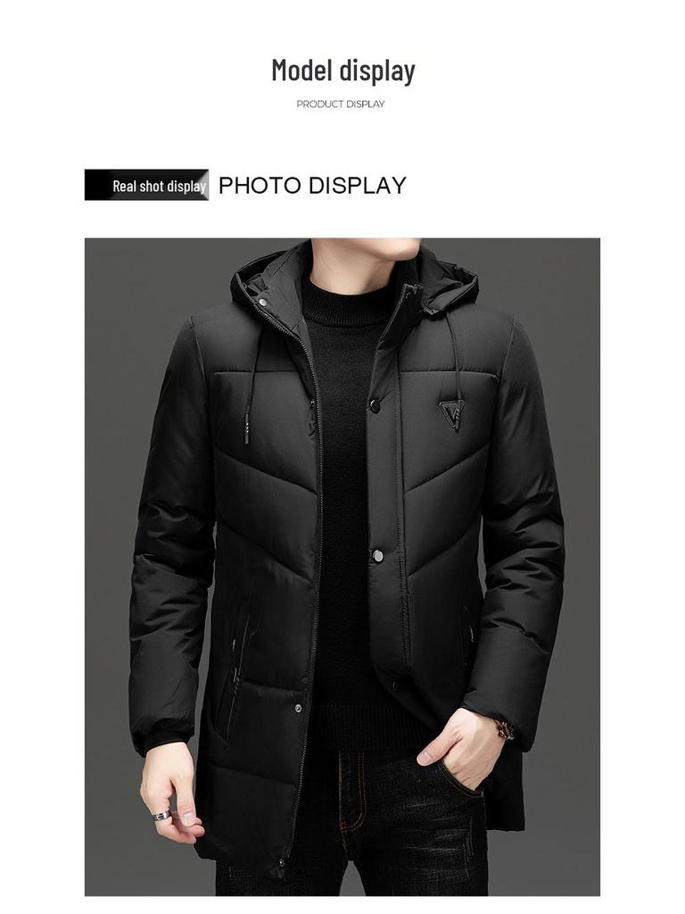 Winter 2025 Men's High Loft Warm Cotton Jacket with Detachable Hood for Middle-Aged and Elderly Business Wear.