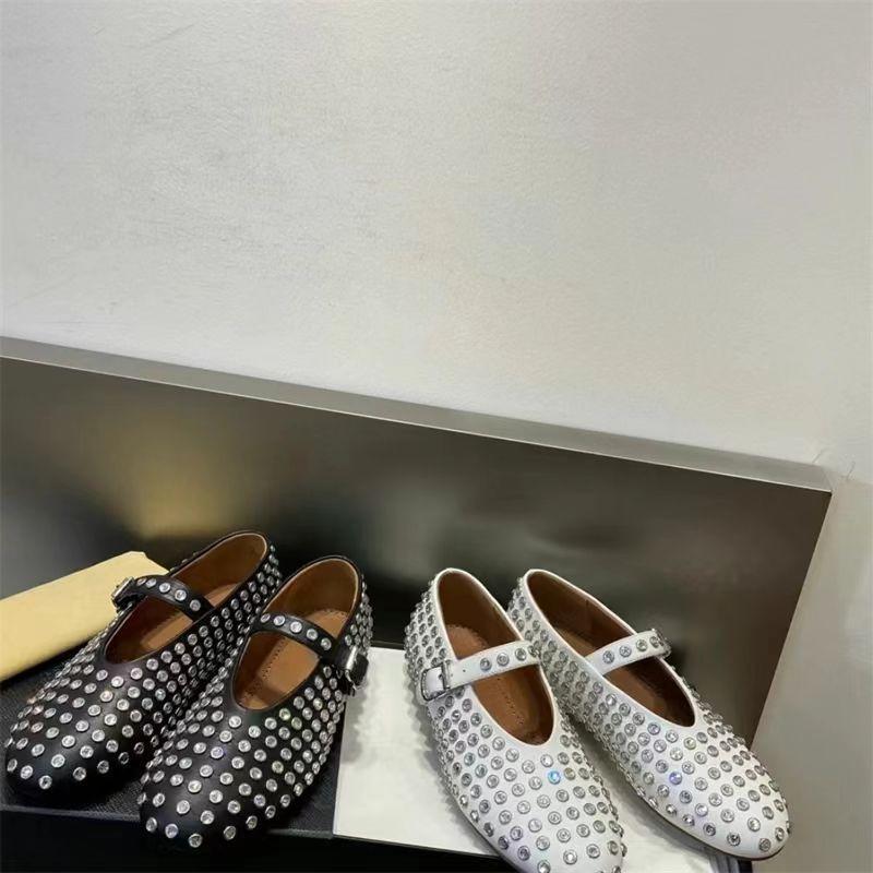 Retro Full Diamond Mary Jane Single Shoes Women's New Shallow Mouth One-word Buckle Ballet Shoes Round Head Flat Shoes