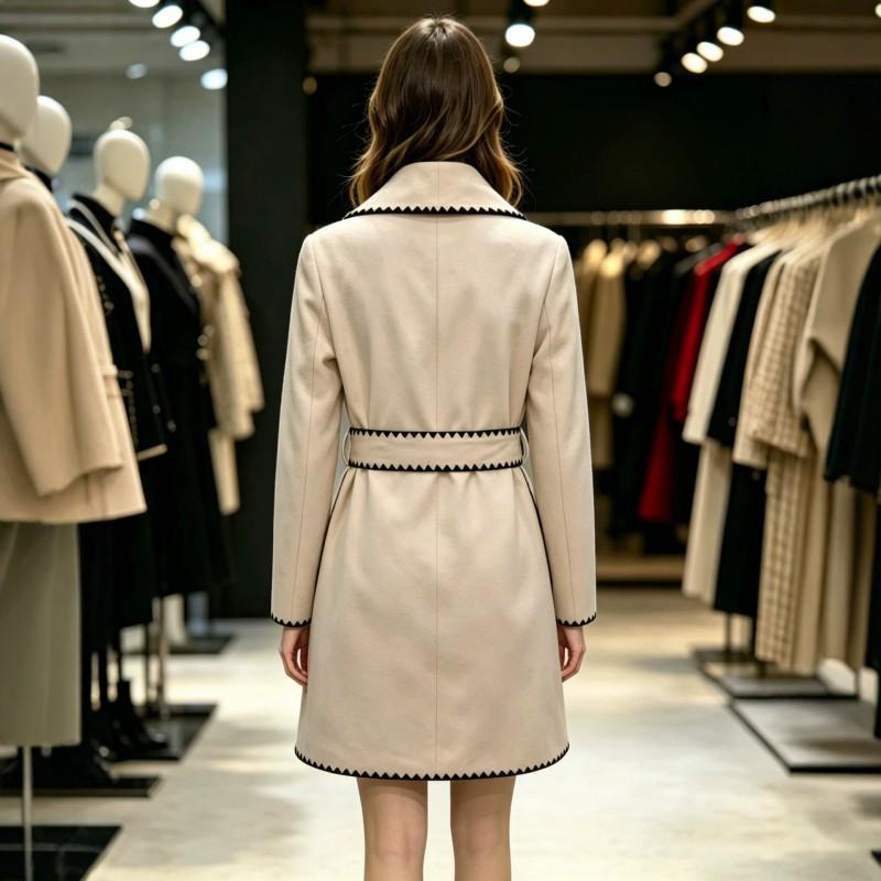 Womens Wool Blend Coat With Contrast Collar Edge Detail Elegant Winter Outerwear