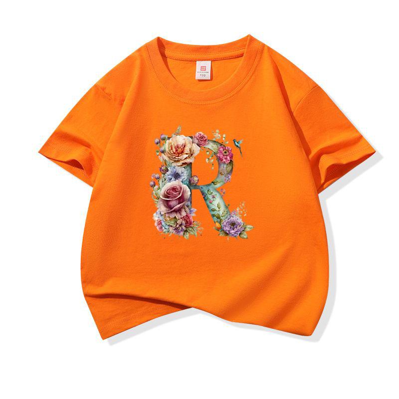 Kids Cotton T Shirt Floral Letter R Print Crew Neck Short Sleeve Tee Casual Boys Girls Summer Tops
