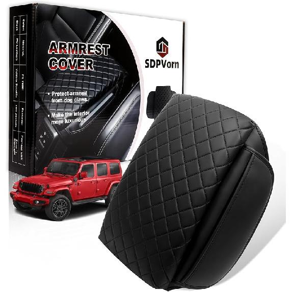 Armrest Cover For Jeep Wrangler Center Console Pad With Organizer Storage Pockets, Black Faux Leather Arm Rest Lid Protector Cushion Interior For 2018-2025 Wrangler JL