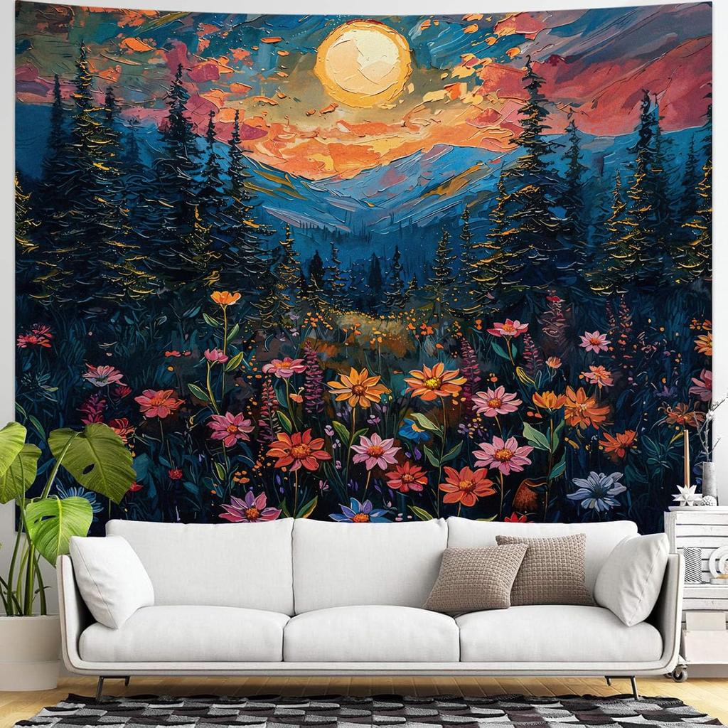 Kampdream Landscape Tapestry, Scenery Art Wall Tapestries, Nature Wall Decor for Bedroom Living Room Backdrop Sunset Wildflowers 36×48 Inches