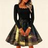 Women's Vintage Long Sleeve Square Neck Halloween Print Evening Dress for Party Occasions