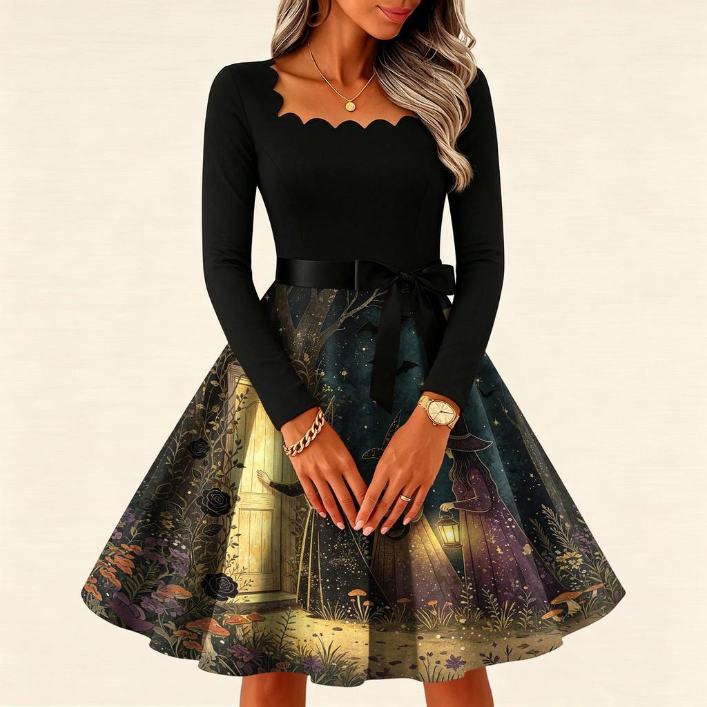 Women's Vintage Long Sleeve Square Neck Halloween Print Evening Dress for Party Occasions