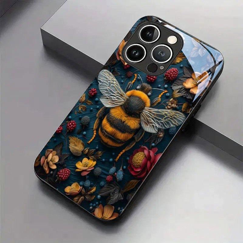 Berries Flowers Bees Pattern Tempered Glass Phone Case For iPhone 17 16 15 14 13 12 11 Pro Max 17 Air 7 8 Plus XR XS X Cover