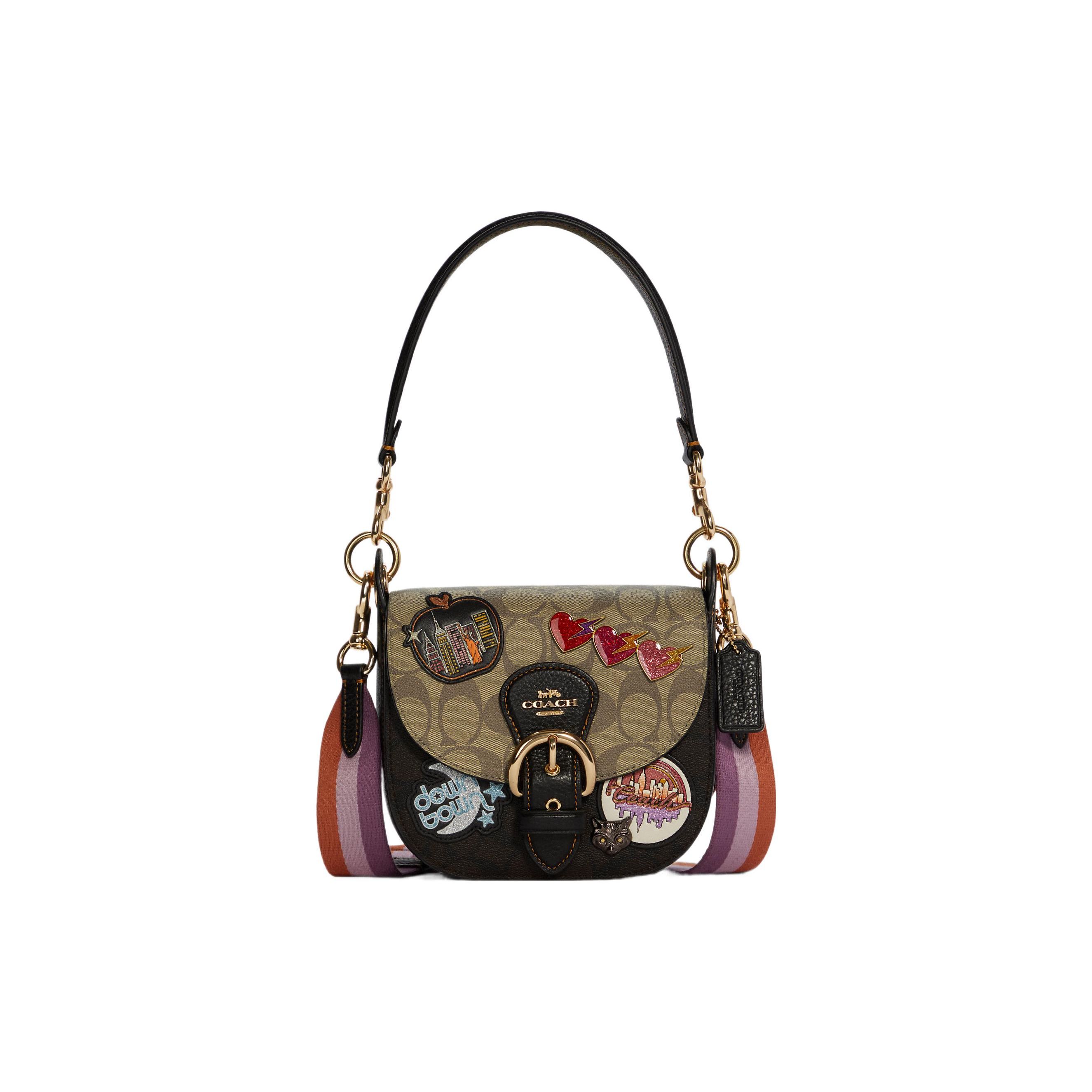 

Coach Kleo 17 Classic Monogram Badge Label Buckle Colorful Shoulder Strap Canvas And Leather Saddle Bag Women Shoulder Bag Black Khaki C6917-IMNOX Basic Set (Bag+Dust Bag)