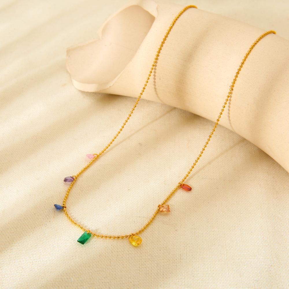 Ins High-end Stainless Steel Colored Zircon Pendant Necklace 18K Gold Niche Round Bead Chain Jewelry Women