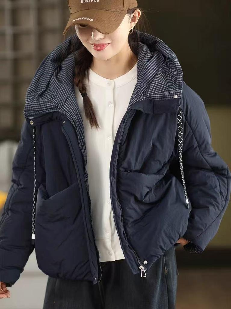 Korean Style Quilted Hooded Jacket with Plaid Lining and Large Pockets – Warm Cotton Bread Coat