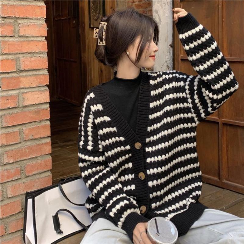 Korean Version Striped Sweater Cardigan Jacket Women Spring and Autumn Westernized Loose and Versatile Outerwear Top Sweater