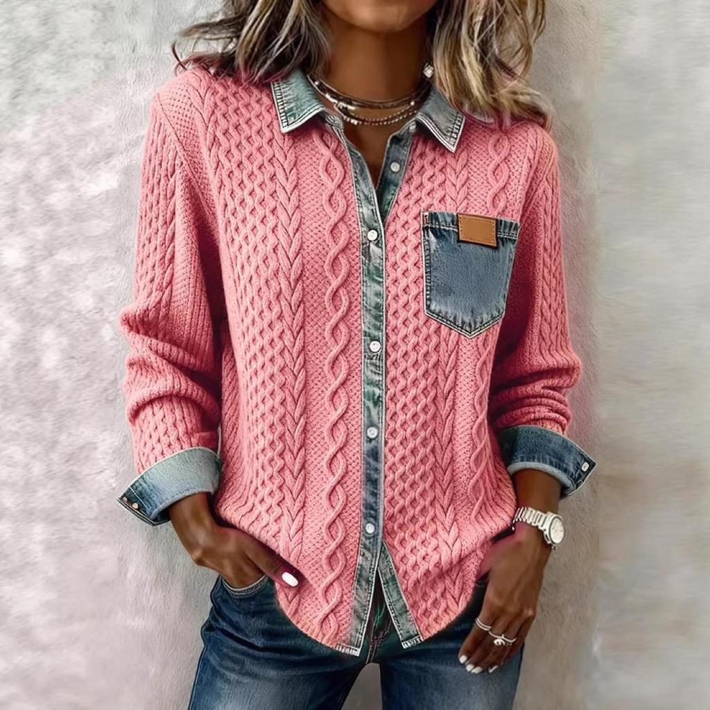 European Style Patchwork Denim Knit Cardigan - Women's Versatile Long Sleeve Shirt for Autumn/Winter 2025