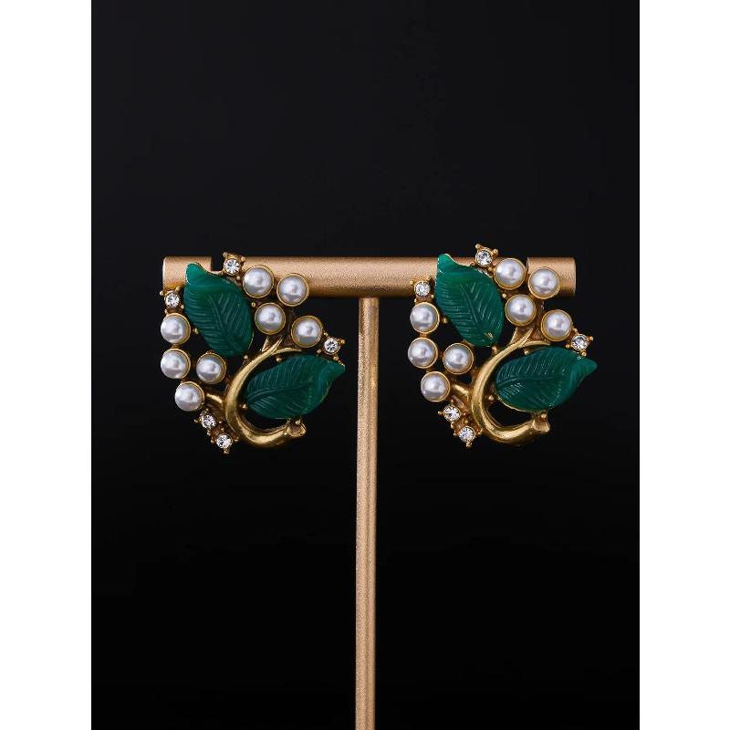 KEQIU Retro Style Leaf Design Elegant Pearl Design Bracelet Earrings Necklace High-end Vintage Jewelry Set