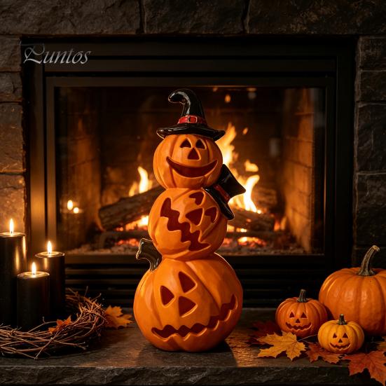 LED Pumpkin Light Halloween Spooky Lighted Figurine, Up Stacking Statue with Warm Decor Witch Hat for Home, Office, Haunt House, Indoor Outdoor Table