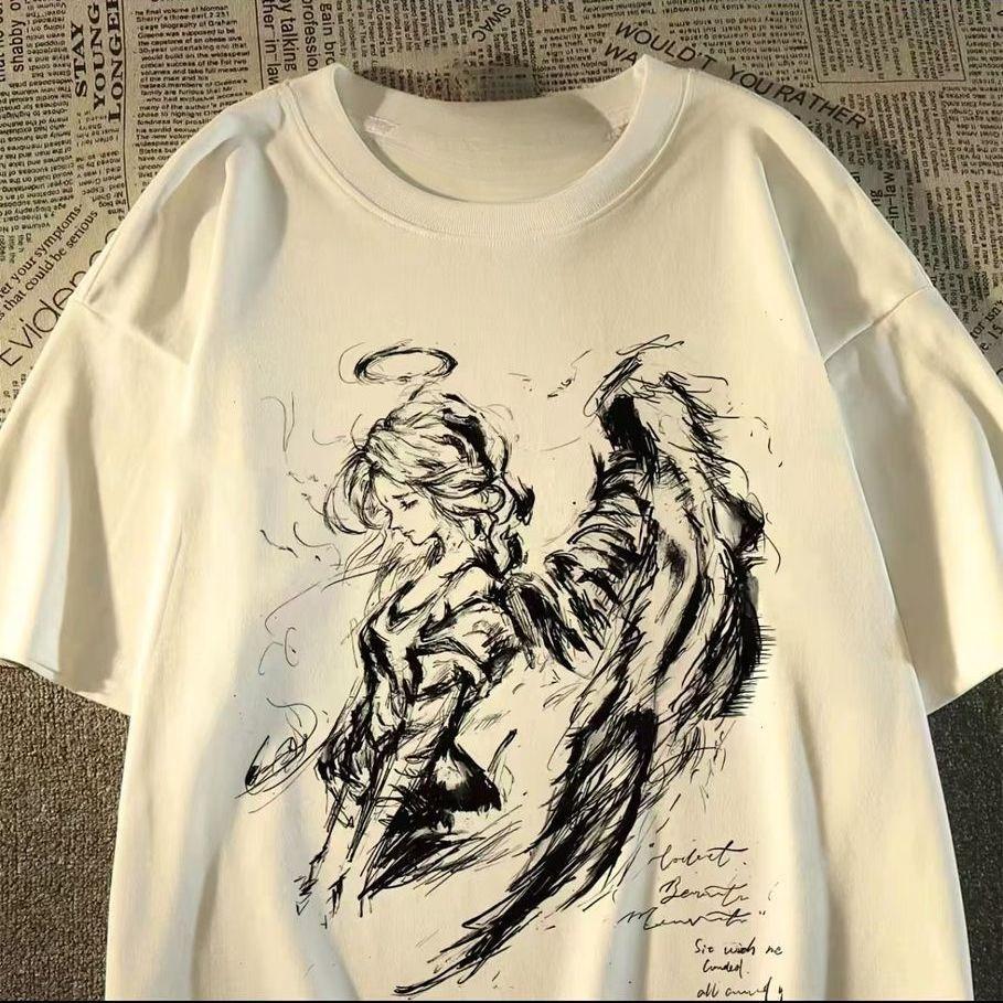 Ink Wash Angel And Demon Unisex Oversized Tshirt Dark Aesthetic Sketch Graphic Tee Casual Streetwear Cotton Top For Unisex Wounisex
