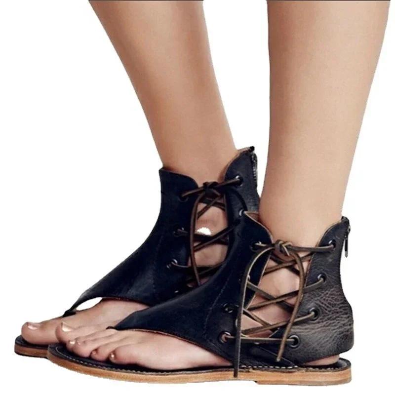 Kvinners Vintage Sandaler Sommer Kvinnesko Gladiatorsandaler Flip-Flops for Kvinner Strandsko Lær Flate Sandalias Mujer