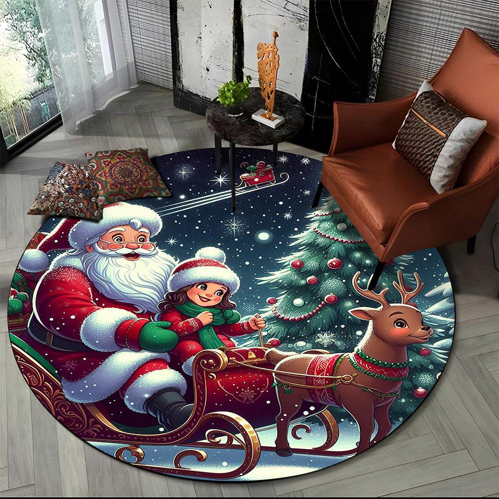 Cartoon Santa Claus Merry Christmas Snowman New Year Round Carpet Rug for Bedroom Living Room Sofa Decoration,Decor Floor Mat