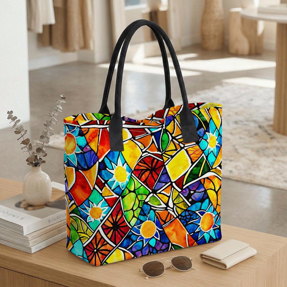 Colorful Stained Glass Pattern Large Tote Bag for Daily Use