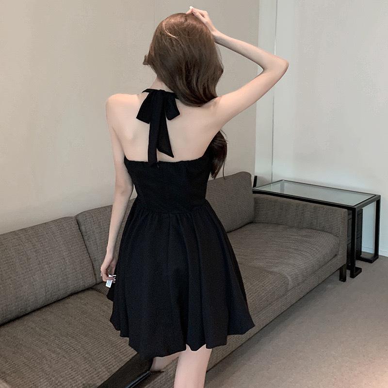 French Hepburn Style Neck Sling Dress Women's Summer New First Love Coffee Break Waist Fluffy Skirt