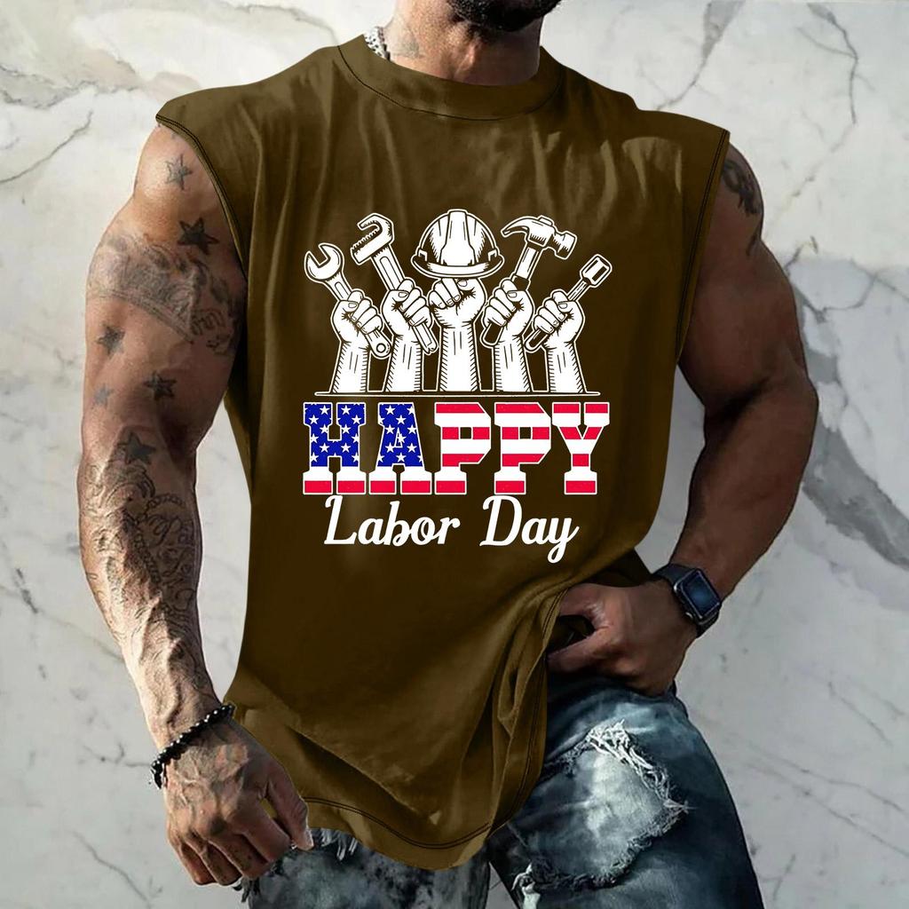 Men's Sleeveless Casual Tank Top Loose Fit Muscle Shirt Labor Day Print Crew Neck Comfortable Summer Workout Apparel