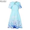 ZANZEA Women Summer Round Neck Casual Short Sleeve Print Dress Holiday