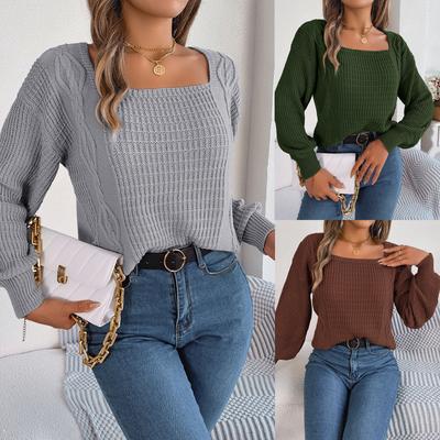 Damen Herbst- und Winter-Freizeit Einfarbig Quadratischer Ausschnitt Kordelzopf Laternenärmel Strickpullover