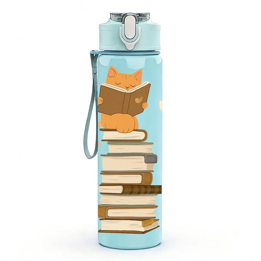 1PC Cat Stack On Top Of Books Print 750ml Color Plastic Sports Water Bottle Leakproof Flip Straw Lid Suitable for Sports Office Home Use