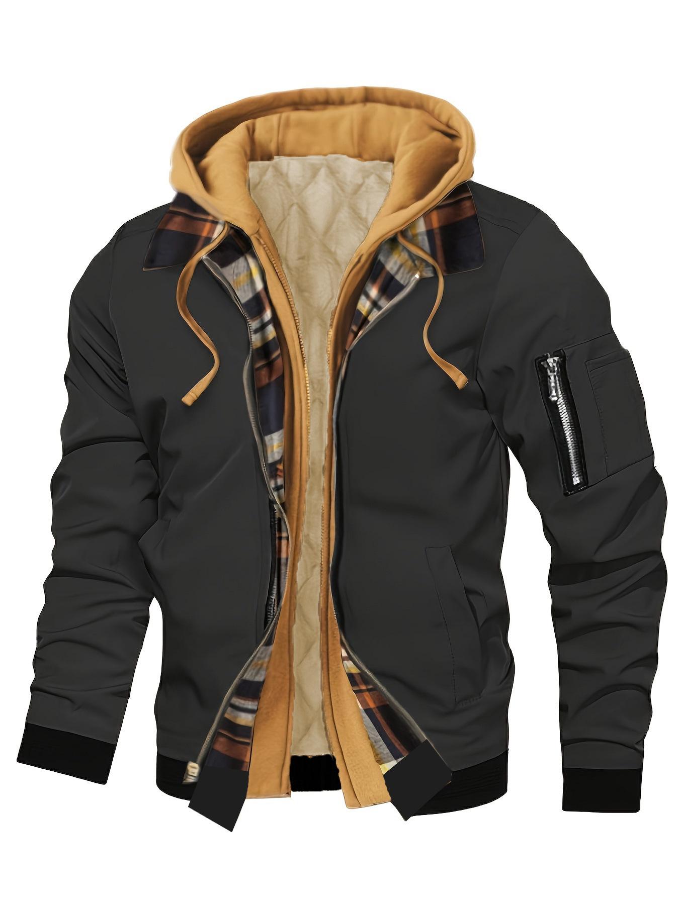 

Men s Hooded Workwear Jacket with Plaid Lining, Faux Two-Piece Patchwork, Multi-Pocket Design, and Warm Casual Style M чорний