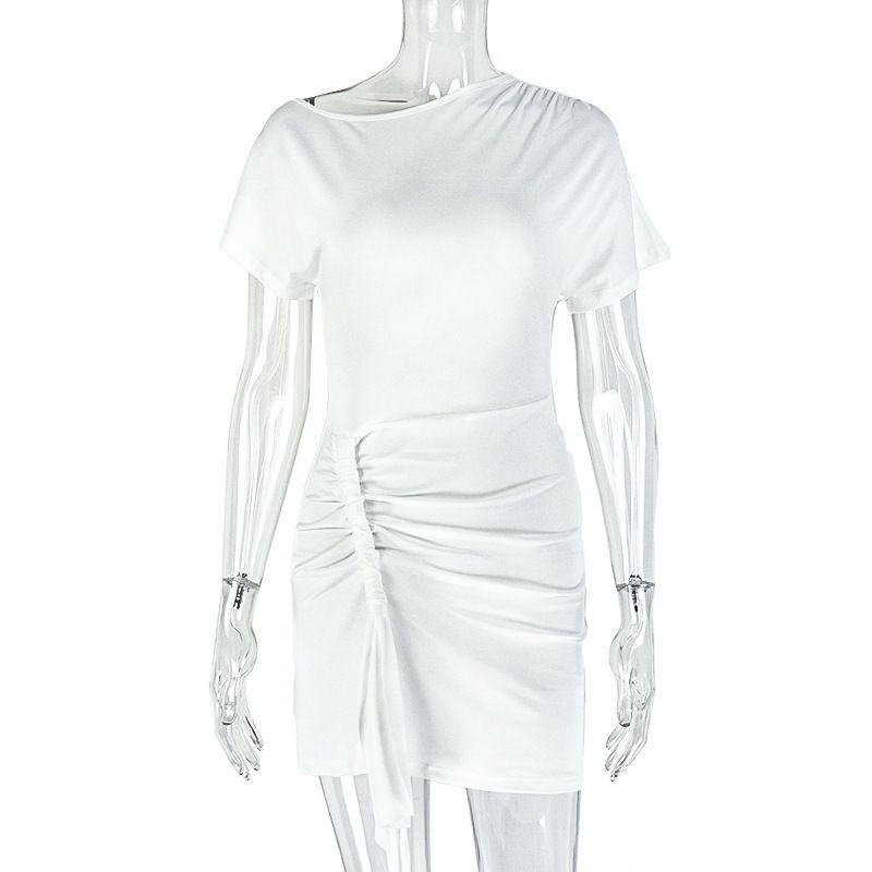 

Fashion Style Minimalist Casual Women s Clothing Silm Fashion Pure Color Bodycon Dress Diagonal Collar Pleated Short Sleeves Short Dress White S