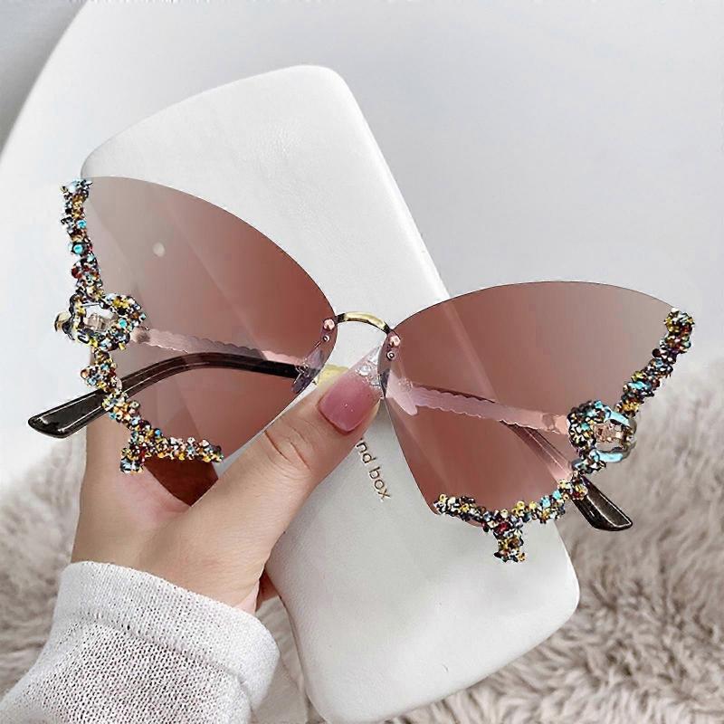 Luxury Designer Frameless Crystal Butterfly Sunglasses Vintage Brand Shades for Women Rimless Sun Glasses Bling Diamond Eyewear