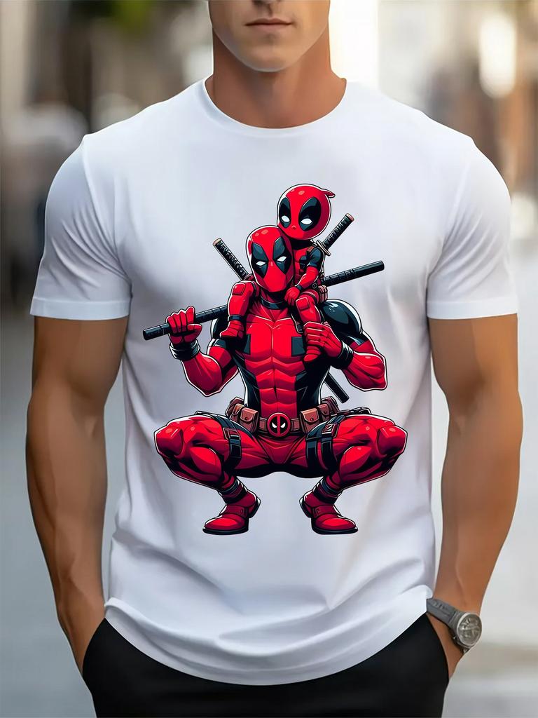 Men'S Marvel Deadpool Graphic T-Shirt - Black Casual Crew Neck Tee with Red & Black Design, Breathable & Lightweight for Summer
