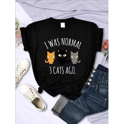 Ich war normal vor 3 Katzen Print T-Shirts Damen Lässig Mehrfarbiges T-Shirt Kleidung Hip Hop Trendy Kurzarm Sommer O-Ausschnitt T-Shirt