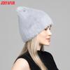 JERYAFUR Women Faux Fur Cat Ear Winter Hat, Cute Rhinestone Decor Fluffy Warm Fashion Ladies Cap for Cold Weather