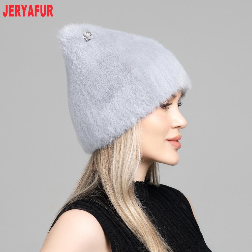 JERYAFUR Women Faux Fur Cat Ear Winter Hat, Cute Rhinestone Decor Fluffy Warm Fashion Ladies Cap for Cold Weather