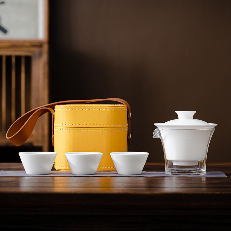 

Mutton-fat Jade Tea Pot and Cup Set Travel Kung Fu Ceramic Tea Set Outdoor Portable Teaware Business Accompanying Birthday Gift