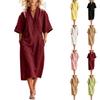 Women's Dress Casual And Fashionable Short Sleeve V-neck Long Dress With Pocketed